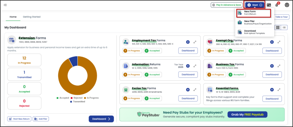 TaxZerone Home Application Dashboard 