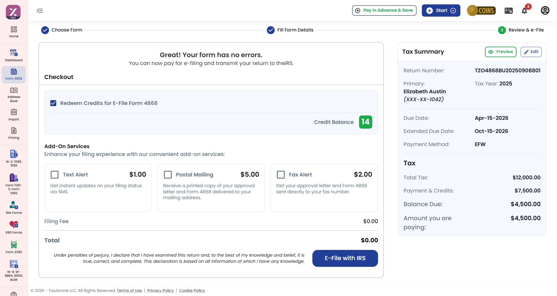 TaxZerone Home Application Dashboard 
