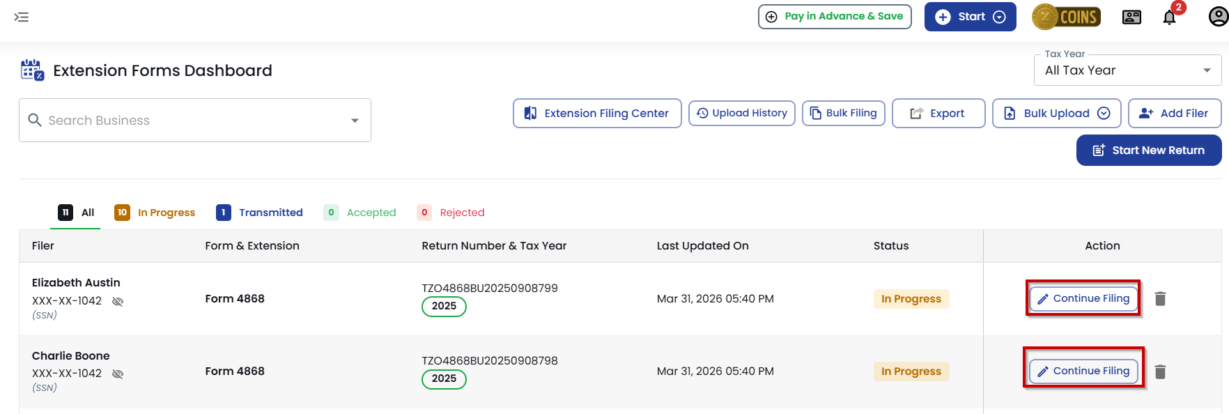 TaxZerone Home Application Dashboard 