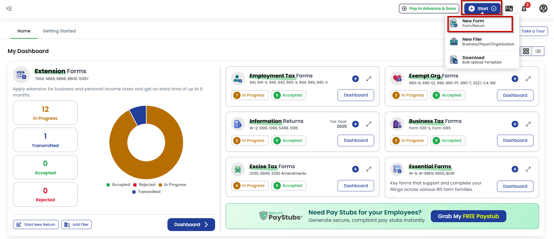 TaxZerone Home Application Dashboard 