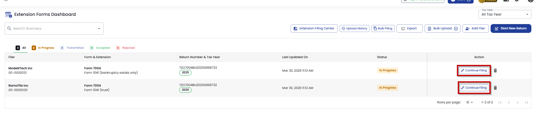 TaxZerone Home Application Dashboard 