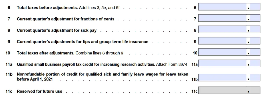 Form 941 instructions - Total taxes before adjustments