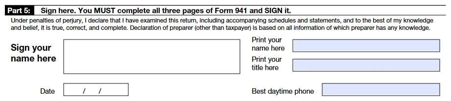 Form 941 instructions - PART 5: Sign