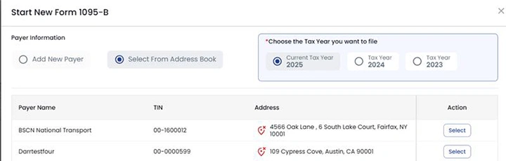 ACA form bulk upload- start a new form 1095-b-select the tax year and business