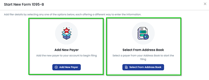 ACA form bulk upload- start new form 1095-b- select the new user or existing user