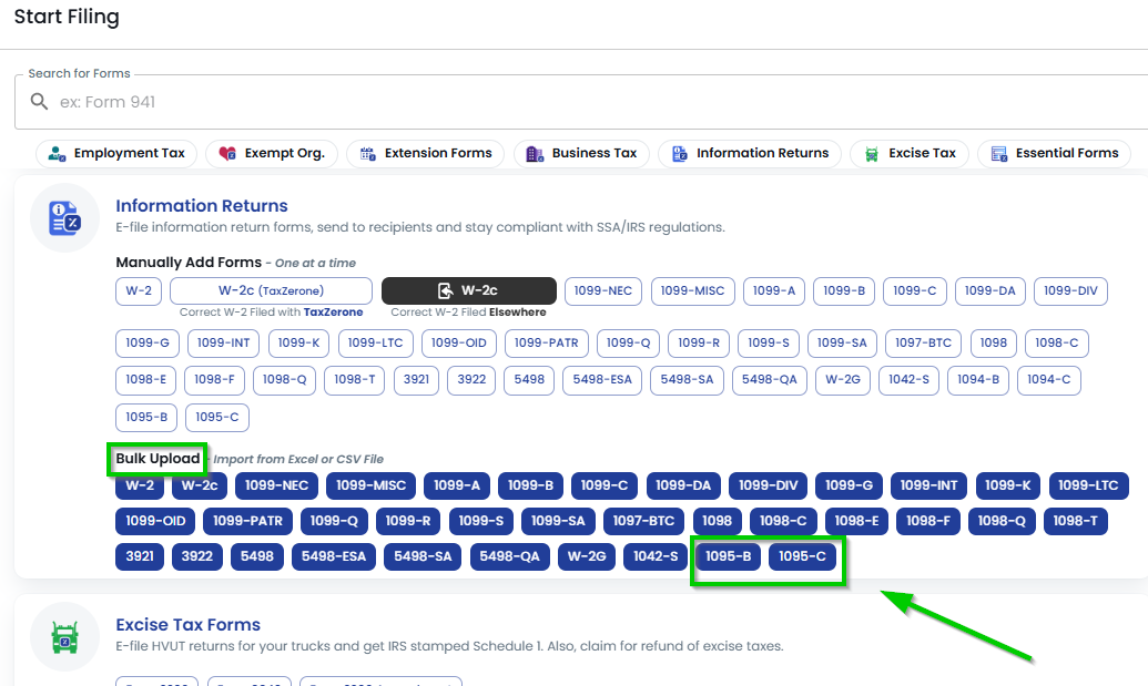 ACA form bulk upload- start filing- bulk upload