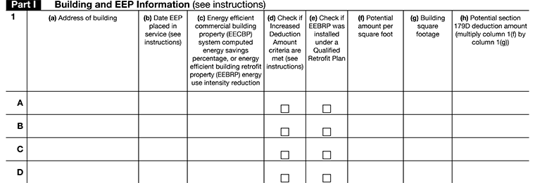 Form 7205 Part I showing building and energy efficient property (EEP) information