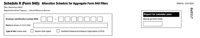 Enter the Employer Identification Number, Name of your business, select filer type such as section 3504 agent, or CPEOs. Also, enter the calendar year.