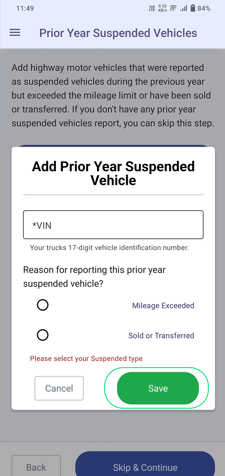 Enter the Prior year suspended vehicle