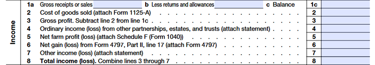Income Section (Lines 1a–8)