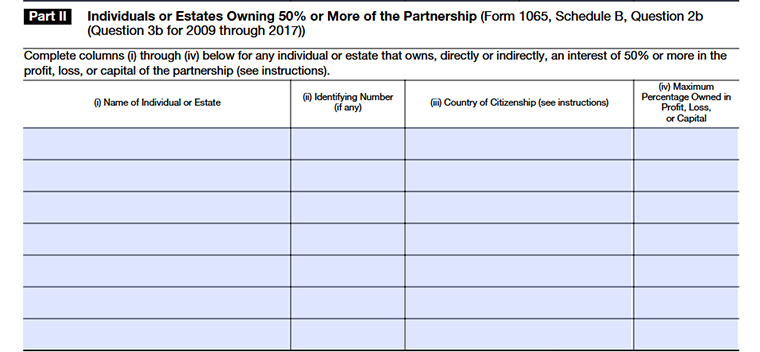 Schedule B-1 Part II showing name, identifying number, ownership type, and percentage for individuals or estates owning 50% or more