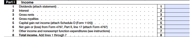 Form 1120-POL, Part I - Income Line 1 to Line 8