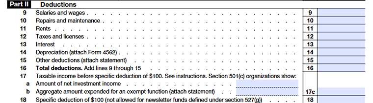 Form 1120-POL, Part II - Deduction Line 9 to Line 18
