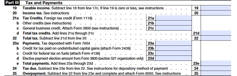 Form 1120-POL, Part III - Tax and Payments Line 19 to Line 25