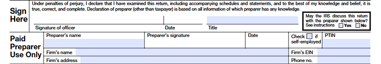 Form 1120-POL, Officer Signature and Details of Paid Preparer