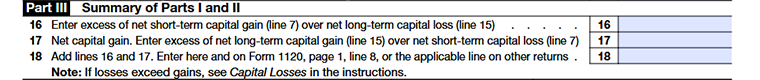 Form 1120 Schedule D Part III summarizing short-term and long-term capital gains and losses reported in Parts I and II.