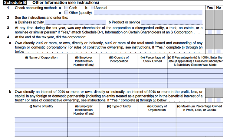 Schedule B (Form 1120-S) showing other information section, lines 1 through 4b