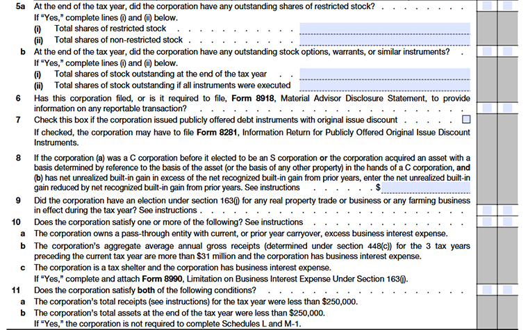 Schedule B (Form 1120-S) showing other information section, lines 5a through 11b