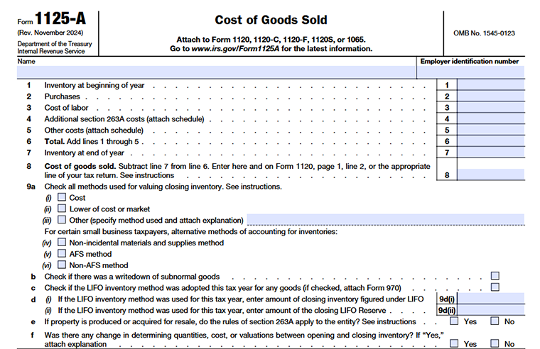 IRS Form 1125-A Cost of Goods Sold attached to Forms 1120, 1120-C, 1120-F, 1120-S, and 1065
