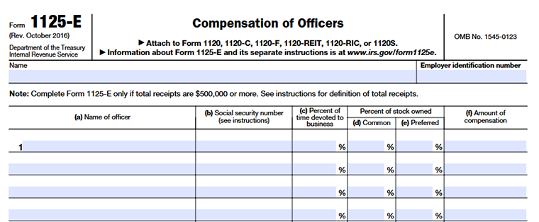 IRS Form 1125-E Compensation of Officers attached to Forms 1120, 1120-C, 1120-F, 1120-REIT, 1120-RIC, and 1120-S.