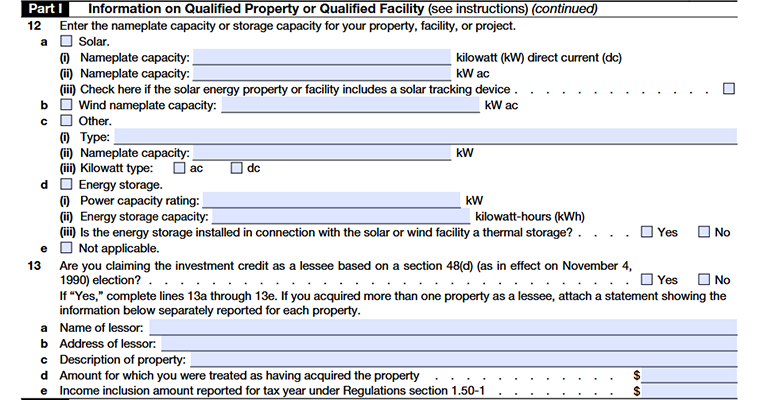 Form 3468 Part I-Information on Qualified Property or Qualified Facility Line12-Line13