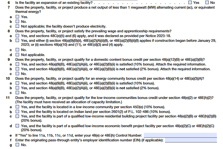 Form 3468 Part I-Information on Qualified Property or Qualified Facility Line6-Line11