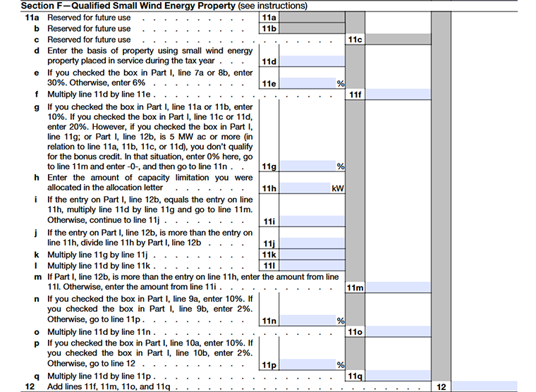 Form 3468 Part VI Section F-Qualified Small Wind Energy Property