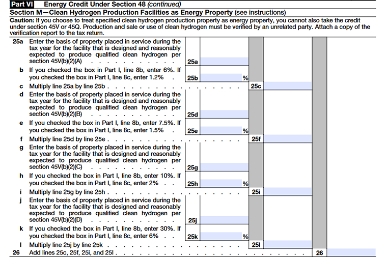 Form 3468 Part VI Section M-Clean Hydrogen Production Facilities as Energy Property 