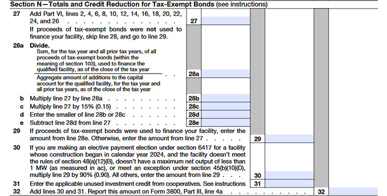 Form 3468 Part VI Section N-Totals and Credit Reduction for Tax-Exempt Bonds 