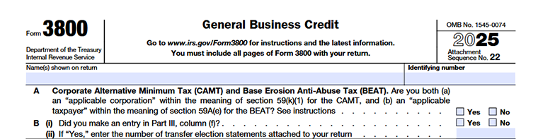  IRS Form 3800 General Business Credit with A and B questions