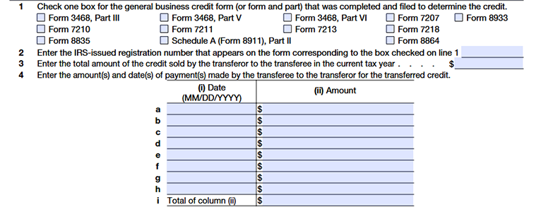 Schedule A (Form 3800) lines 1–4 section to select credit form, enter IRS registration number, credit amount transferred, and payment date and amount.