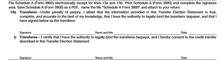 Schedule A (Form 3800) lines 13a–13b showing signature lines and certification statements for transferor and transferee on a Transfer Election Statement.