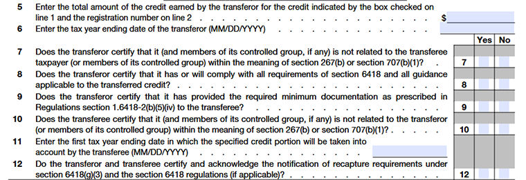 Schedule A (Form 3800) lines 5–12 section for entering credit amount, tax year end date, and certification questions with Yes/No boxes for transferor compliance.