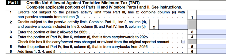 Form 3800 part-i : Credits Not Allowed Against Tentative Minimum Tax (TMT) form line 1 to line 6