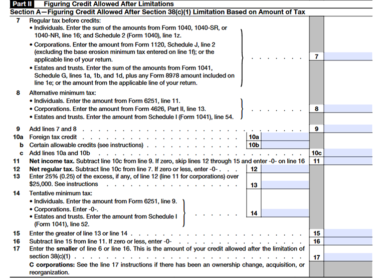 Form 3800 part-ii : Section A-Figuring Credit Allowed After Section 38(c)(1) Limitation Based on Amount of Tax form line 7 to line 17