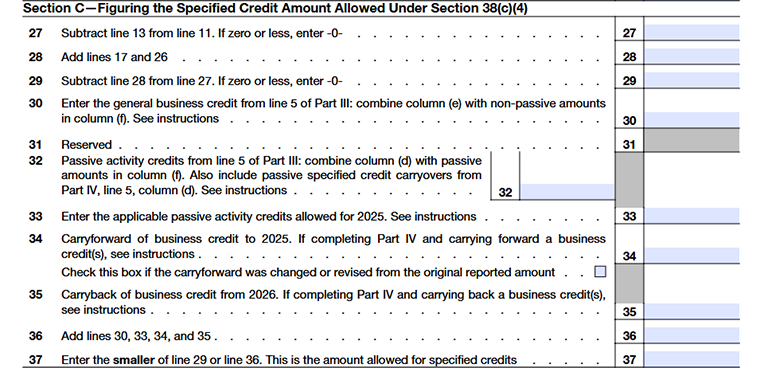 IRS Form 3800 Section C showing calculations for the specified credit amount allowed under Section 38(c)(4) from line 27 -line 37