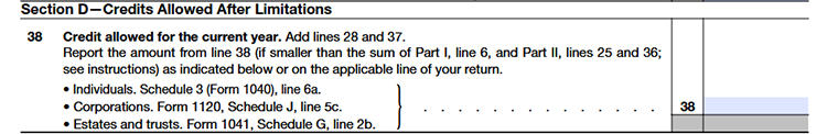 IRS Form 3800 Section D showing the calculation of credits allowed after limitation and the current-year credit allowed.