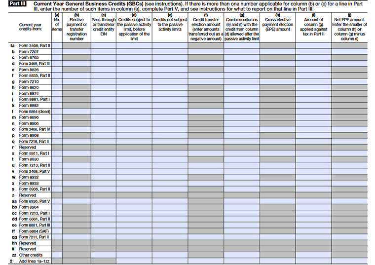 IRS Form 3800 Part III showing current-year General Business Credits (GBCs) and related reporting fields from line 1a - line 2.