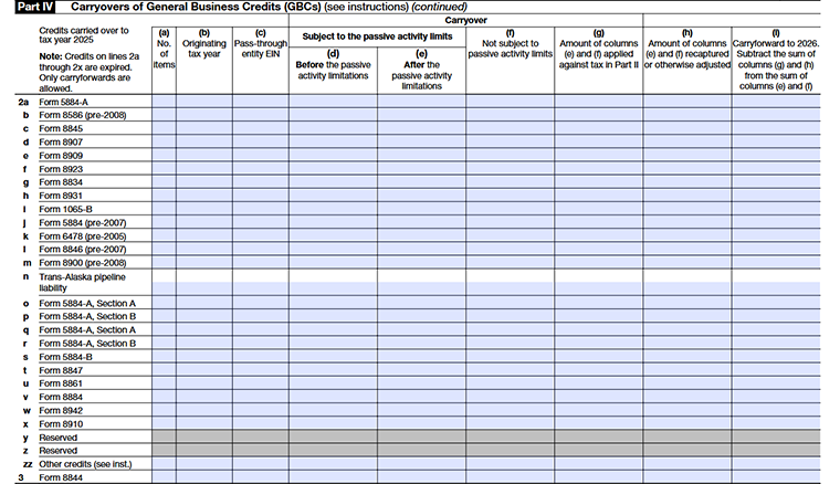 IRS Form 3800 Part IV Carryovers of General Business Credits (GBCs) fields from line 2a - line 3.