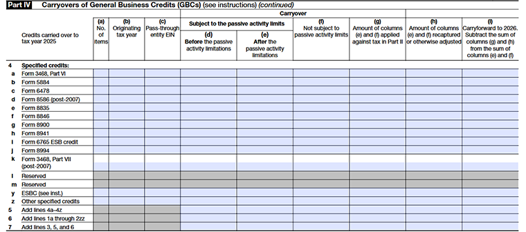 IRS Form 3800 Part IV Carryovers of General Business Credits (GBCs) fields from line 4 - line 7.