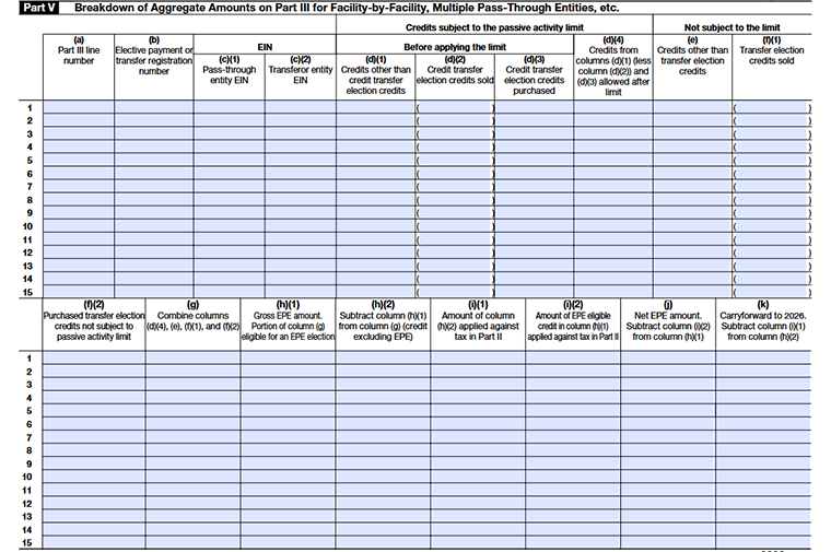  IRS Form 3800 Part V Breakdown of Aggregate Amounts on Part III for Facility-by-Facility, Multiple Pass-Through Entities, etc.
