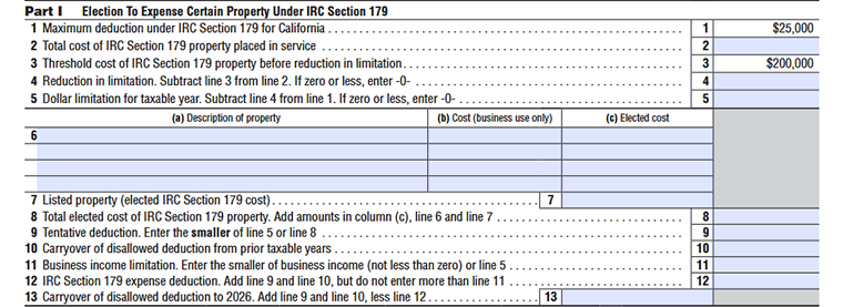 Form FTB 3885 Part I Section 179 deduction calculation with $25,000 California limit and $200,000 threshold.