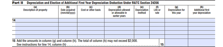 FTB 3885 Part II section showing Depreciation and Election of Additional First Year Depreciation Deduction under R&TC Section 24356