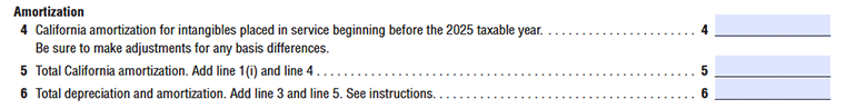 CA FTB Form 3885F Amortization of tangible and intangible service Line 4 to Line 6