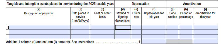 CA FTB Form 3885F Depreciation and amortization for tangible and intangible service Line1