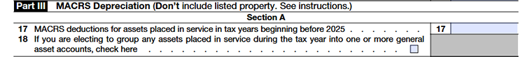 Form 4562 Depreciation and Amortization Part III-MACRS Depreciation Section-A Line17-Line18