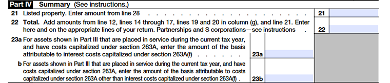 Form 4562 Depreciation and Amortization Part IV-Summary  Line21-Line23