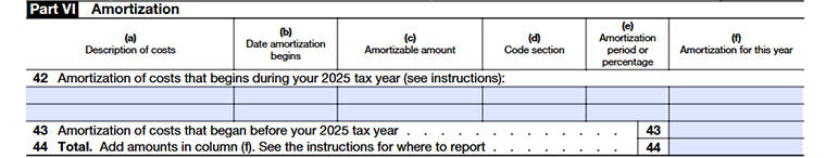 Form 4562 Depreciation and Amortization Part VI-Amortization Line42 - Line44
