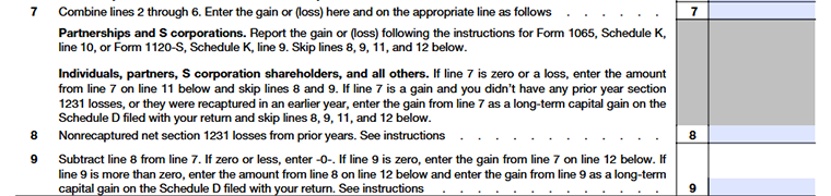 Form 4797 Part I for reporting sales, exchanges, and involuntary conversions of business property held for more than one year from Line 7 to Line 9