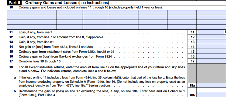 Form 4797 Part II Ordinary Gains and Losses Line 10 to Line 18b